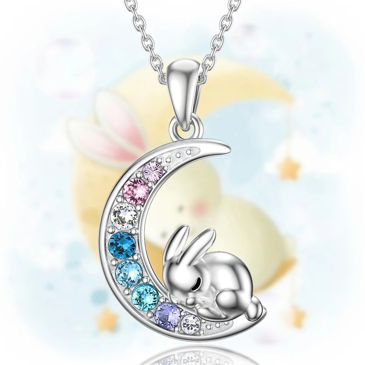 Creative Cute Pet Rabbit Colorful Crescent Bunny Pendant Necklace