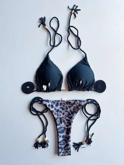 Sexy Leopard Print Women's Split Bikini Woven Rope Strap Fringe Two-Piece Swimsuit Bathing Suit