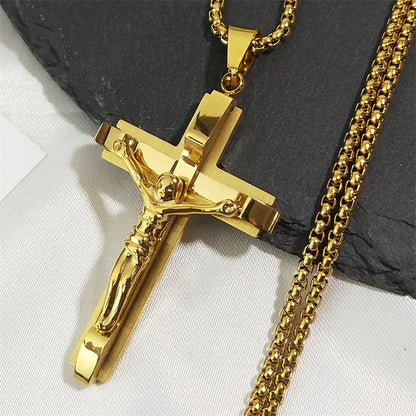 Men Stainless Steel Gold Color Christian Jesus Cross Crucifix Pendant Necklace