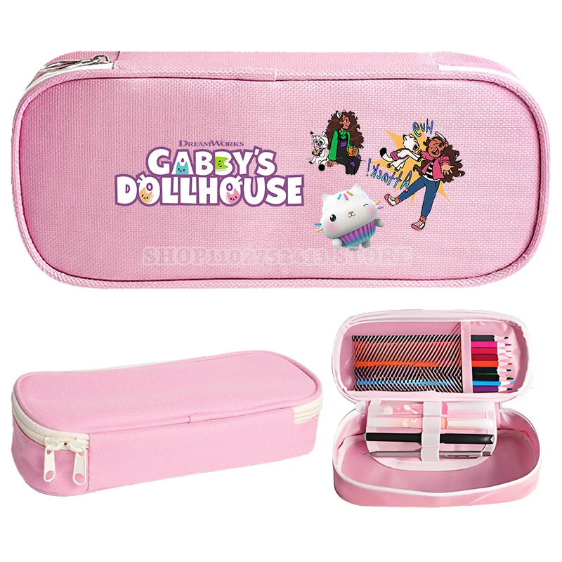 Gabby Dollhouse Kids Cartoon Large Capacity Double Layer Canvas Pencil Case Bag