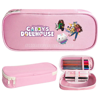 Gabby Dollhouse Kids Cartoon Large Capacity Double Layer Canvas Pencil Case Bag