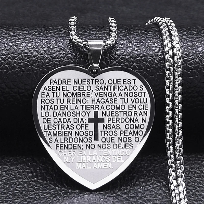 Spanish Religious Catholic Holy Bible Verse Projection Cross Heart Stainless Steel Necklace