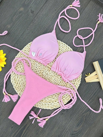 Sexy solid color swimsuit women's split bikini woven rope hanging neck beach swimwear suit