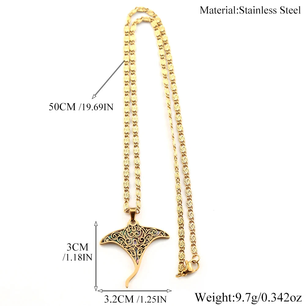 Women Men Stainless Steel Gold Color Ocean Animal Manta Ray Sea Devil Fish Abalone Shell Pendant Necklace