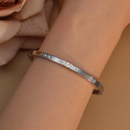 18K Gold-Plated LOVE Stainless Steel Zircon Openwork Bangle Bracelet Women's Jewelry