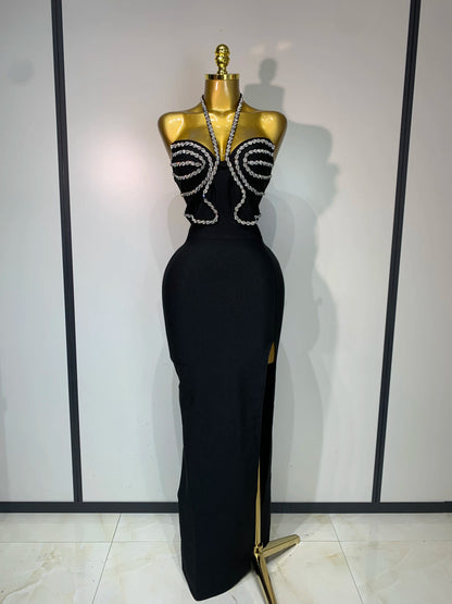 Sexy Halter Long Bandage Shiny Crystal Backless Evening Party Birthday Dress