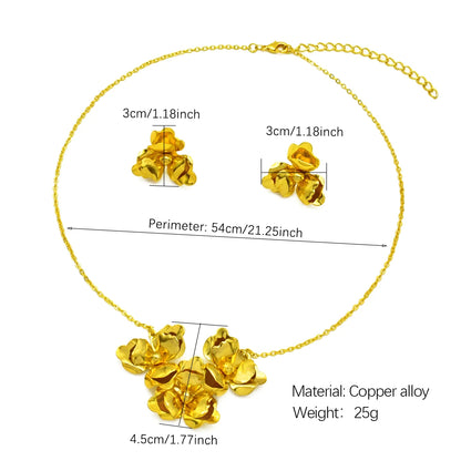 Dubai 24K Gold Plated Women Flower African Indian Bridal Wedding Necklace Earrings Jewelry Set