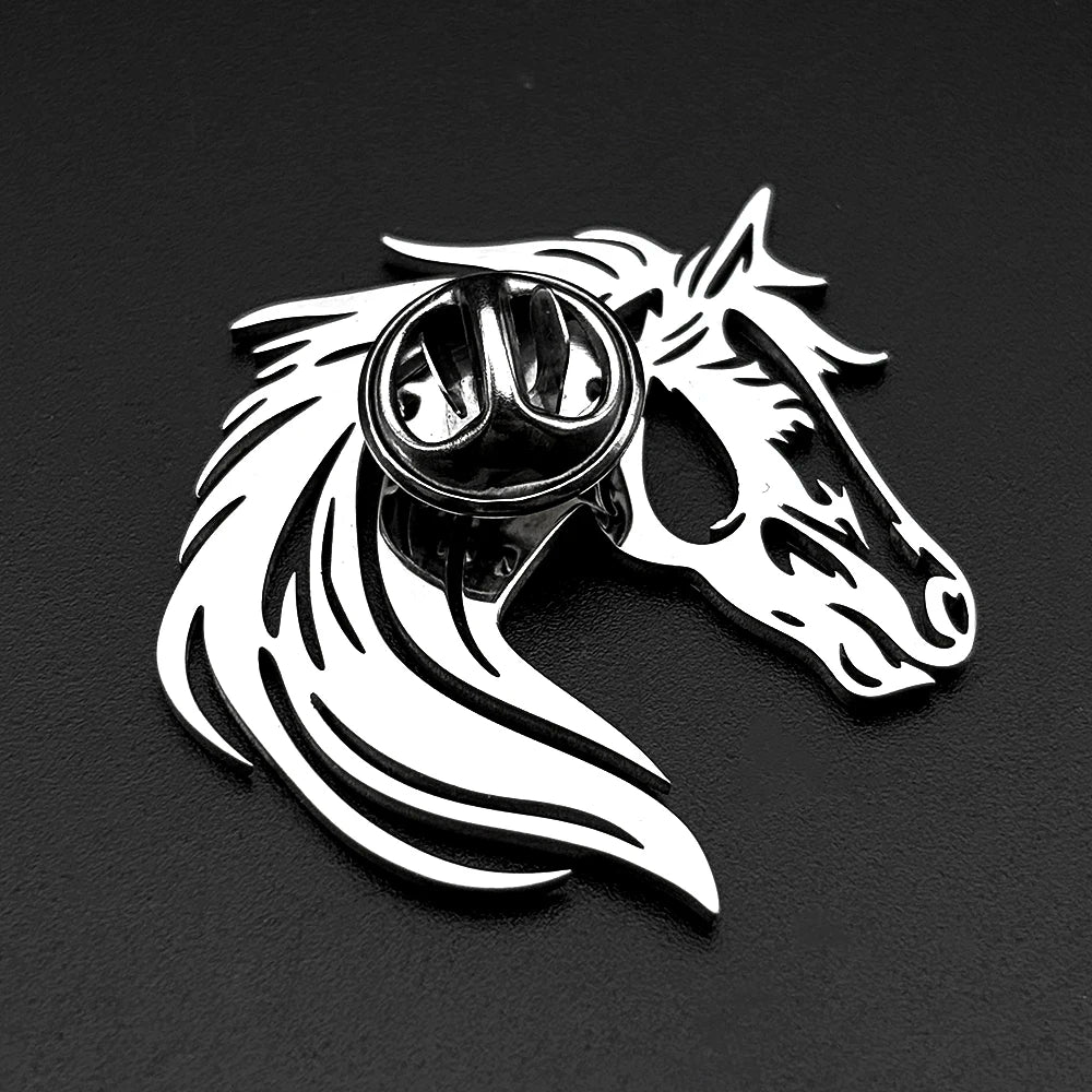 Men Horse Head Brooch Hollow Stainless Steel Gold Color Lapel Brooches Pin