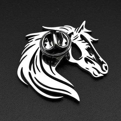 Men Horse Head Brooch Hollow Stainless Steel Gold Color Lapel Brooches Pin