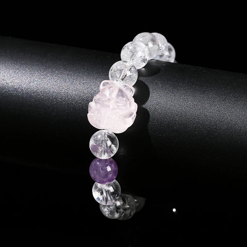 Natural Stone Rock Bead Women Sweet Pink Quartz Carved Healing Crystal Bracelets