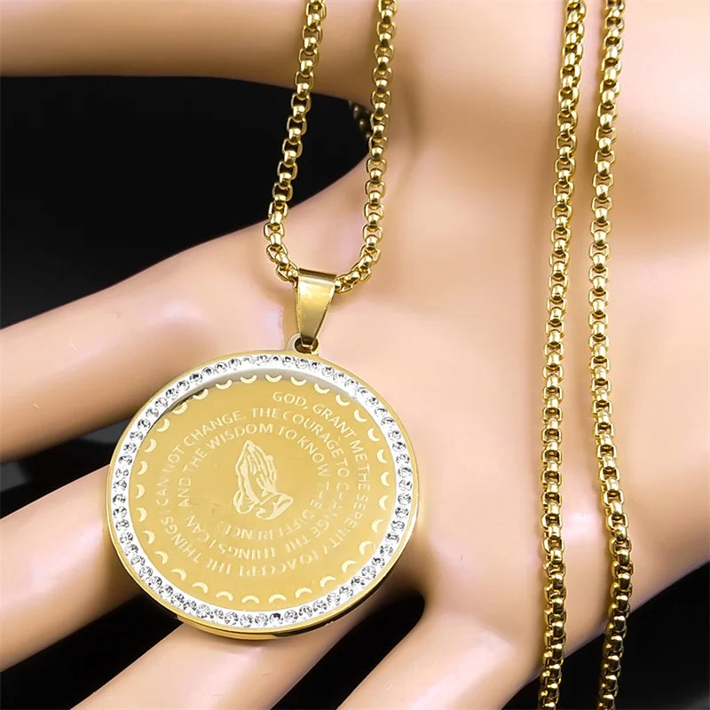 Women Men Stainless Steel Blessing Bible Lords English Serenity Prayer Hand Pendant Necklace