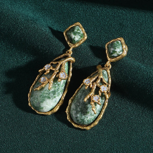 Vintage Long Green Nature Stone Water Drop Luxury Designer Antique Gold Color Earrings