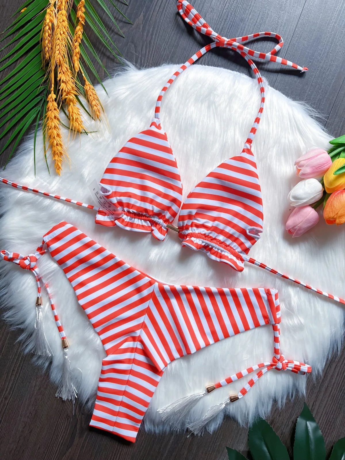Sexy print bikini swimsuit split straps tassels 2-piece summer beach swimsuit Suit