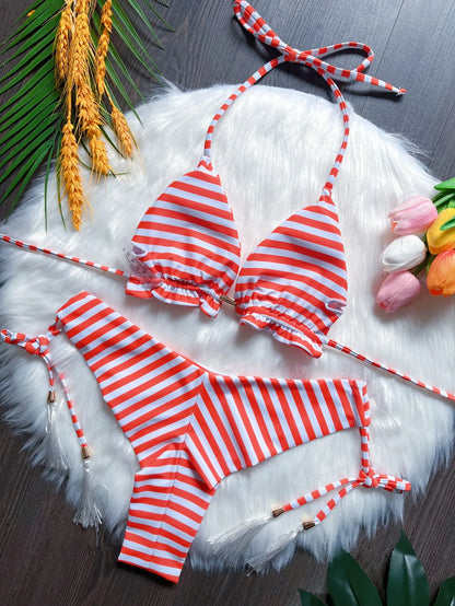 Sexy print bikini swimsuit split straps tassels 2-piece summer beach swimsuit Suit