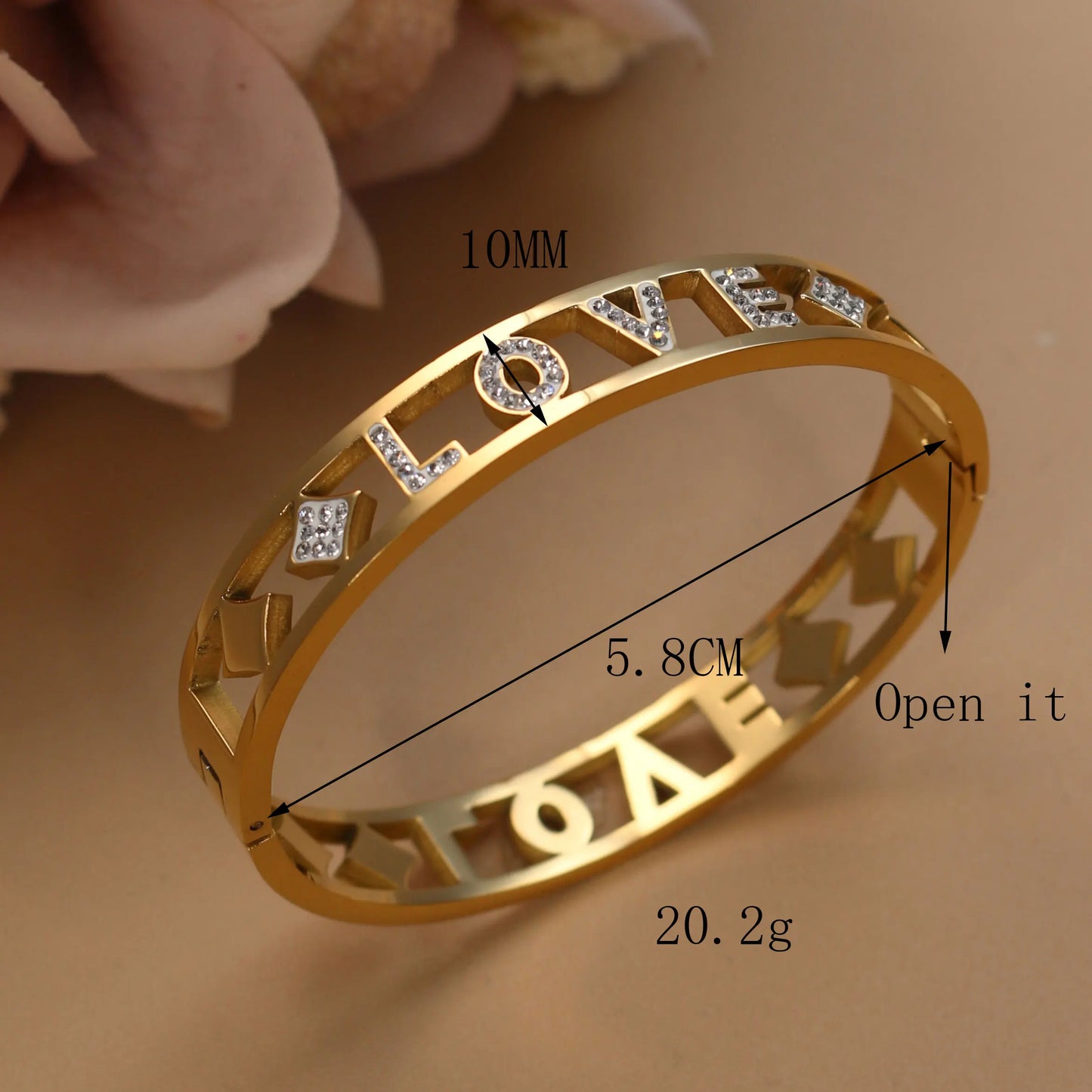Delicate Crystal Crown LOVE Stainless Steel Gold Color Cutout Design Women's Charm Bracelet