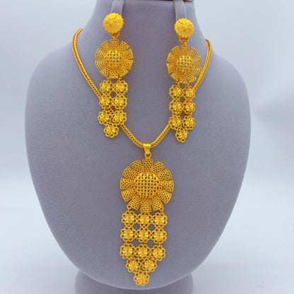 Indian Bridal Women African Dubai Gold Plated Long Wedding Party Necklace Earrings Jewelry Set