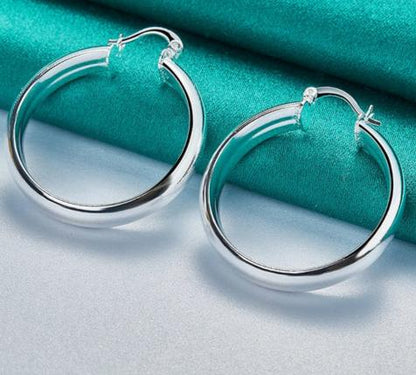 925 Sterling Silver 35mm Circle Smooth Woman Fashion Charm Engagement Wedding Hoop Earrings