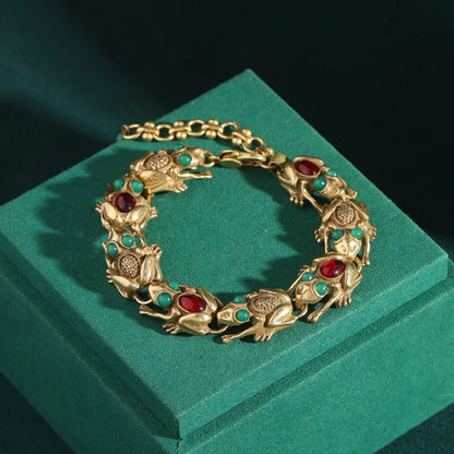 Women Vintage Adjustable Frog Natural Stone Eyes 18K Gold Plated Charm Bracelet