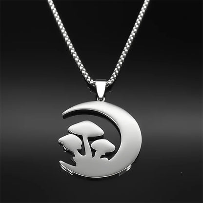 Witchcraft Moon Mushroom Pendant Necklace For Women Men Stainless Steel Silver Color Sun Trend Aesthetic Chain Jewelry Gifts