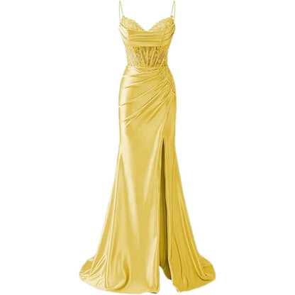 Lace Appliques Satin Prom Women w/ Slit Spaghetti Strap Backless Long Mermaid Evening Formal Dress Gown