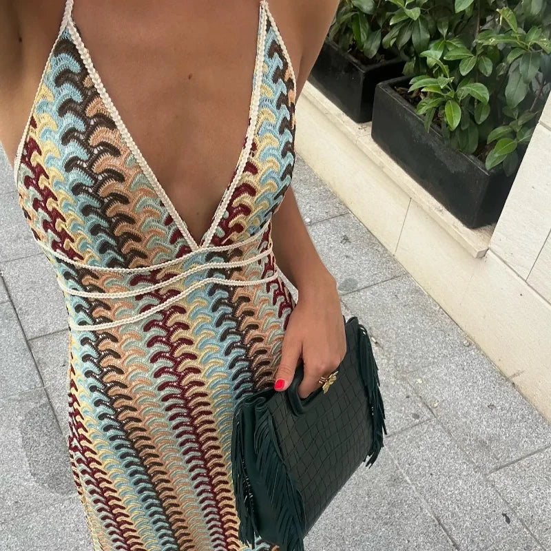 Women Contrast Striped Knit Halter Fashion Loose Backless Maxi Party Long Dress