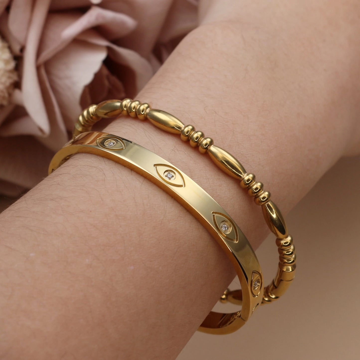 Fashion Stainless Steel Crystal Charm Gold Color Bracelet Women's Bangle
