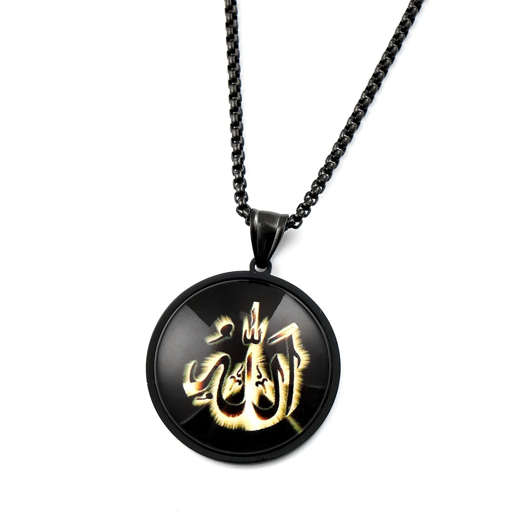 Men Women Stainless Steel Gold Color Islamic Muslim Amulet Arabic Allah Shine Glass Pendant Necklace