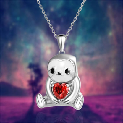 Women Sparkling Red Crystal Animal Cartoon Sloth Pendant Necklace