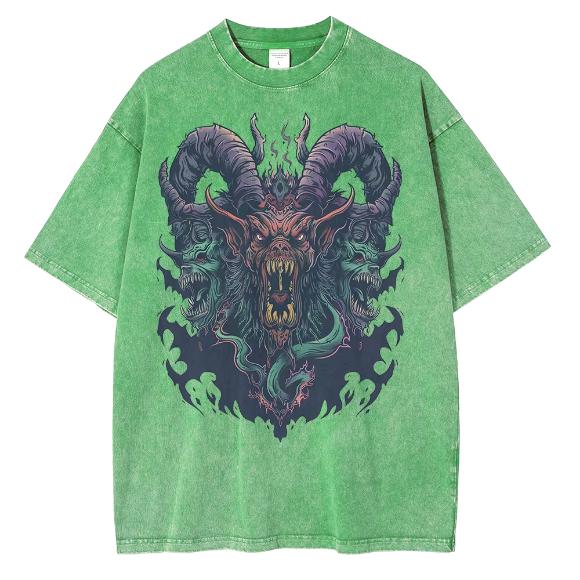 Men Cotton Distressed Washed Graphic Devil Beast Printed Vintage Tops Tees Shirts