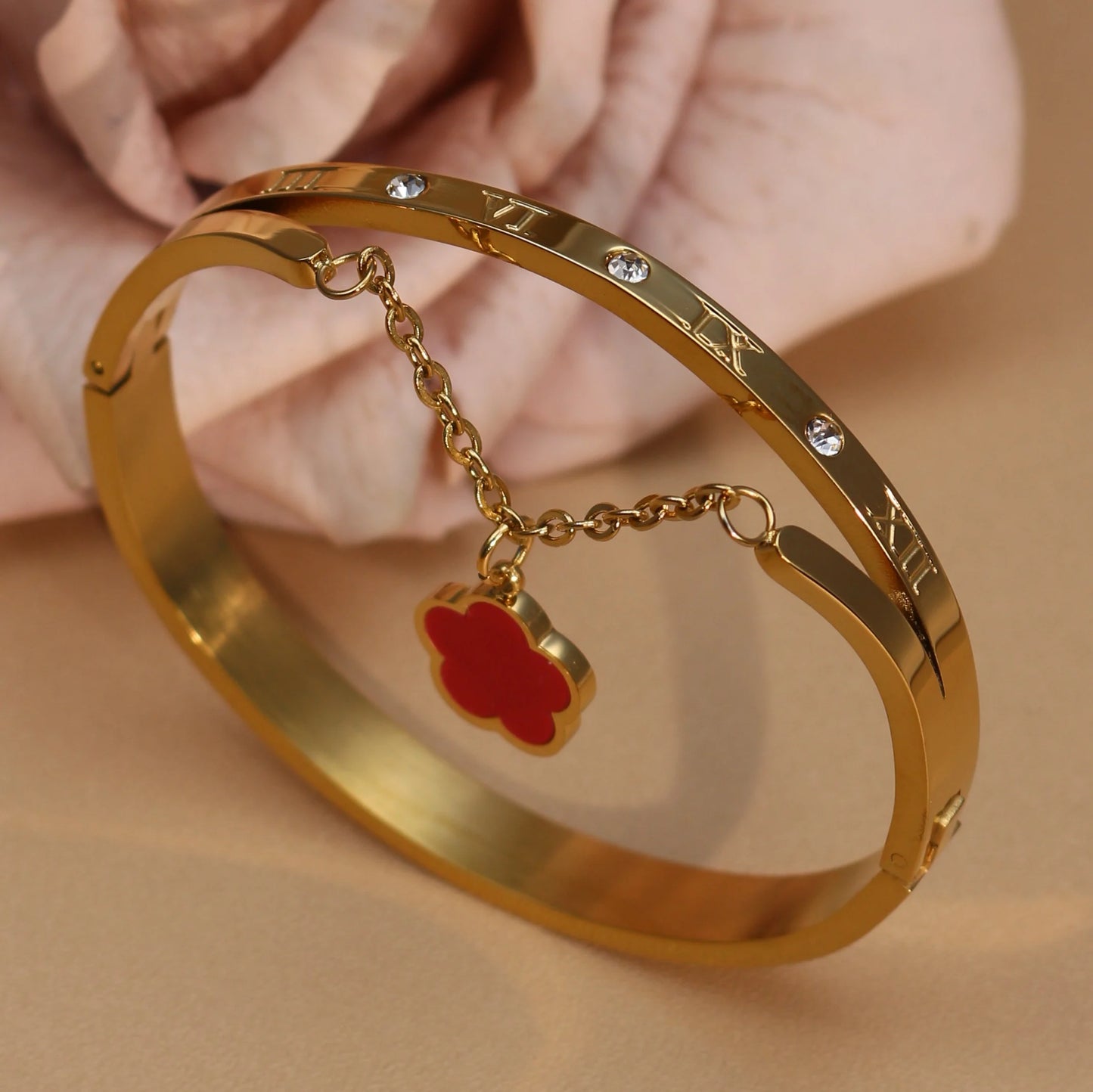 Roman Numeral Crystal Flower Shaped Pendant Stainless Steel Bracelet Bangles