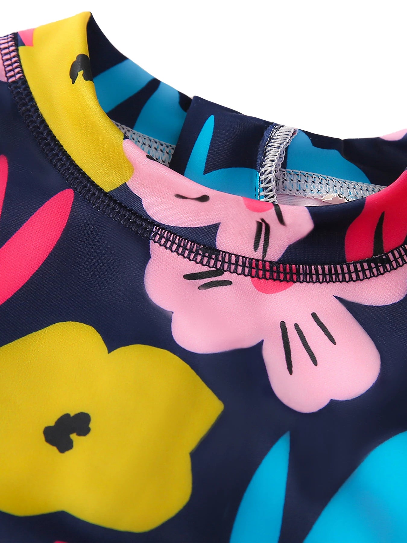 Kids Girl Floral Pattern Long Sleeve Zipper Back Ruffles Frill Cuff Jumpsuit Swimwear Beachwear Bathing Suits