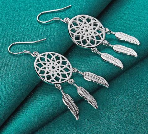 925 Sterling Silver Fine Dream Catcher Feathers Woman Fashion Designer Party Wedding Earrings