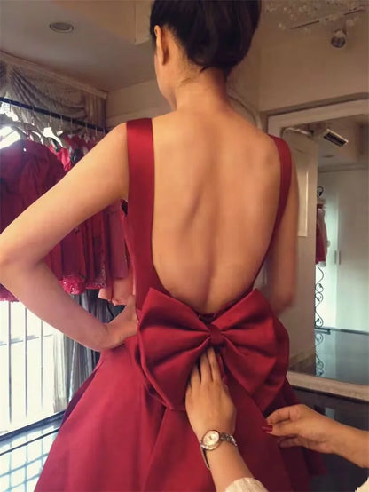 Women's Square Neck Satin Prom Bow A Line Backless Tea Length Formal Evening Party Dress w/ Pockets