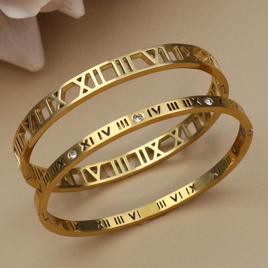 Fashion Stainless Steel Crystal Cutout Roman Numeral Design Gold Color Bracelet Women's Jewely