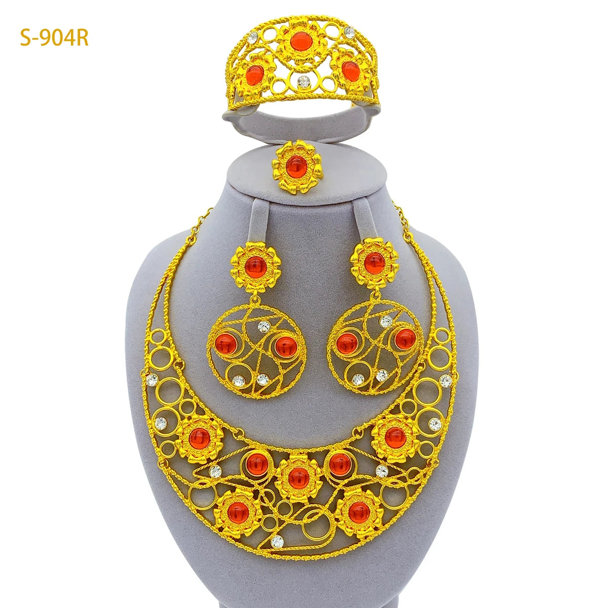 Ethiopian 24K Gold Plated Women African Bridal Wedding Large Pendant Necklace Earrings Bracelet Ring