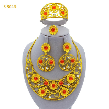 Ethiopian 24K Gold Plated Women African Bridal Wedding Large Pendant Necklace Earrings Bracelet Ring