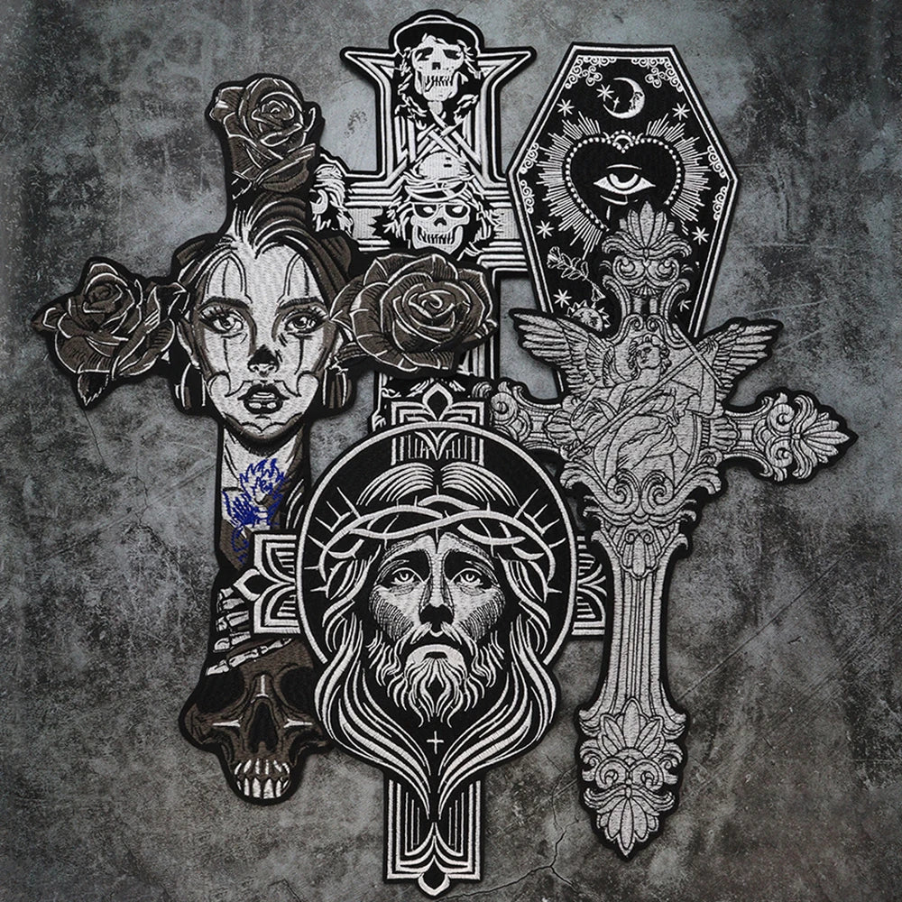Big Cross Skull Gothic Punk Rock Iron on Patches Embroidered Crown Skull Patch Clothes Sewing Stickers