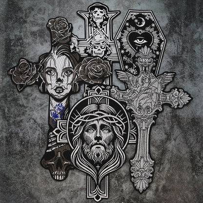 Big Cross Skull Gothic Punk Rock Iron on Patches Embroidered Crown Skull Patch Clothes Sewing Stickers