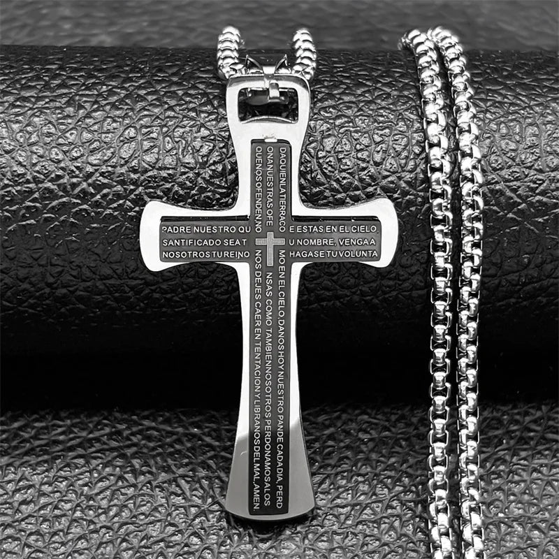 Men Stainless Steel Gold Color Bible Amulet Cross Christian Church Prayer Necklace