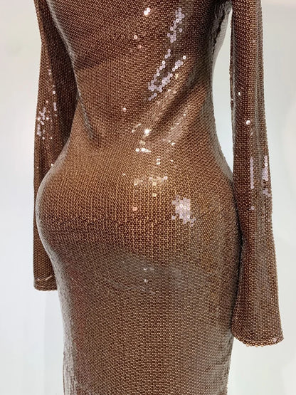 Women Sparkly Sequins Deep V Long Sleeves Midi Celebrity Birthday Party Prom Dress