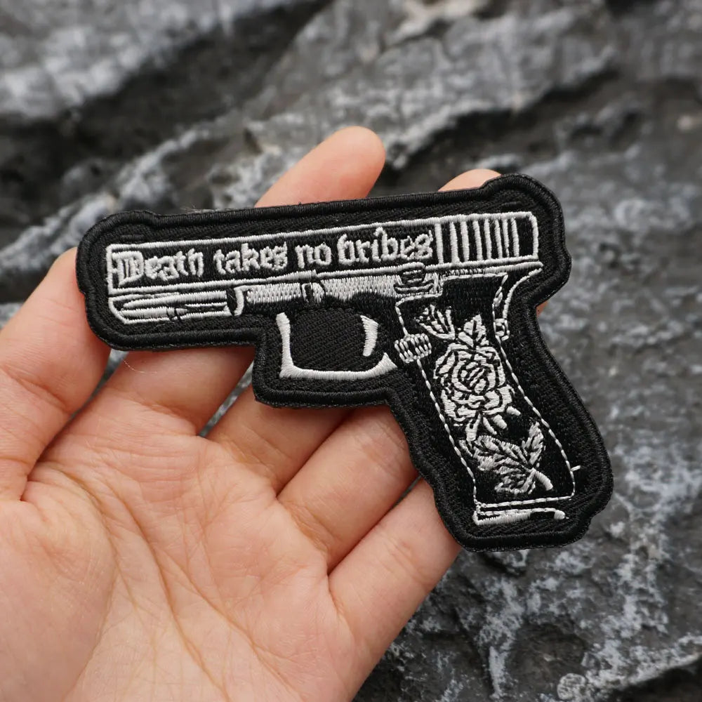 Death Takes No Bribes pistol Embroidered Patch Iron-On Sewing Clothes Patches Applique