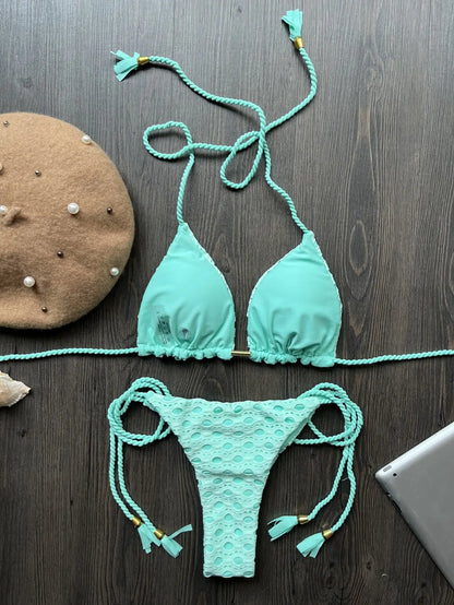 Women's two-piece set w/ push up hanging neck solid color bikini beach swimsuit