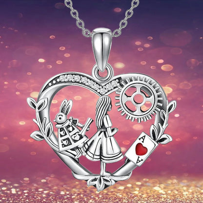 Women Fashion Retro Punk Gear Rabbit Girls Playing Card Heart Pendant Necklace Gifts