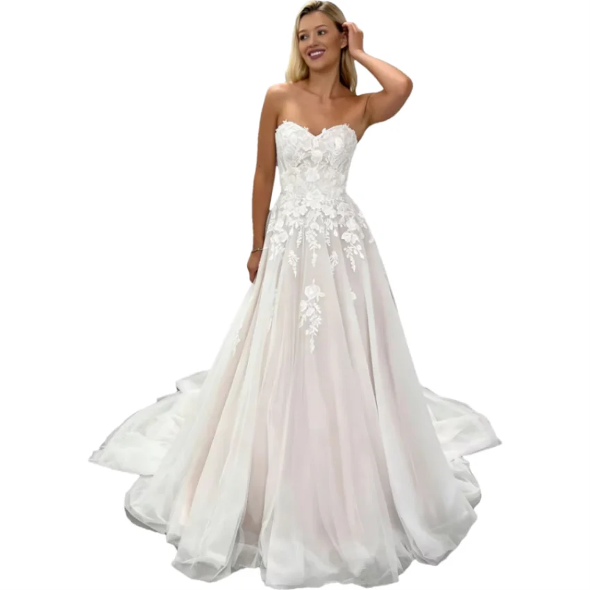 Boho Sweetheart A-line Tulle Sleeveless Lace Appliques Bride Long Bridal Wedding Dress