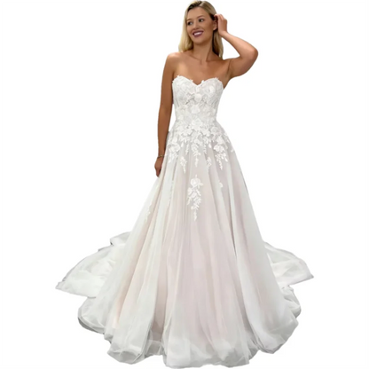 Boho Sweetheart A-line Tulle Sleeveless Lace Appliques Bride Long Bridal Wedding Dress