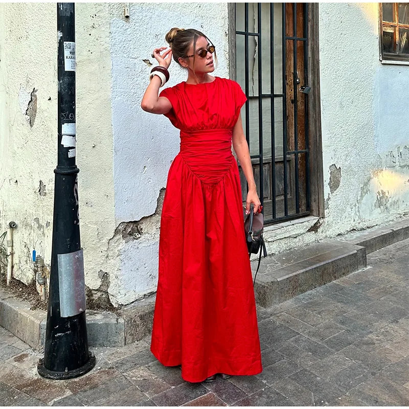 Women Red O-neck Pleated Maxi Fashion Short Sleeves High Waisted Evening Dress