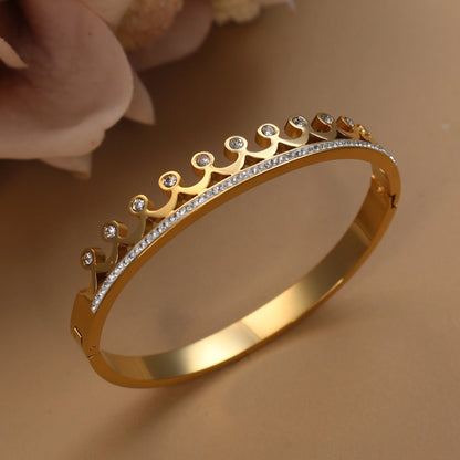 Delicate Crystal Crown LOVE Stainless Steel Gold Color Cutout Design Women's Charm Bracelet