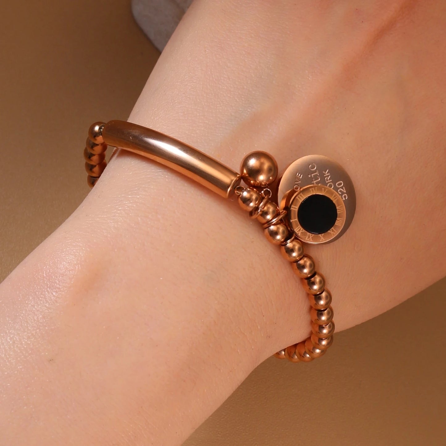 Luxury Women Roman Numeral Bead 18K Gold-Plated Stainless Steel Bangle Bracelet