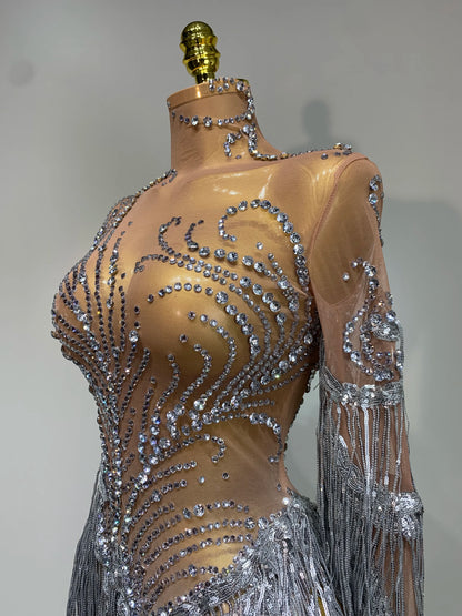 Sexy Rhinestone Sequins Tassel Mesh See Through Evening Party Nightclub Singer Sparkly Dress
