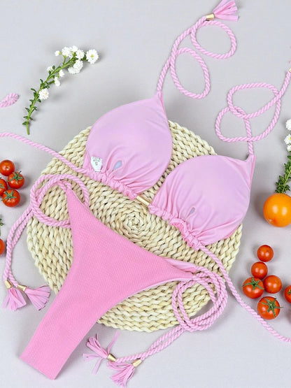 Sexy solid color swimsuit women's split bikini woven rope hanging neck beach swimwear suit